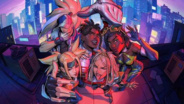 League of Legends şampiyonları şehir manzarası önünde